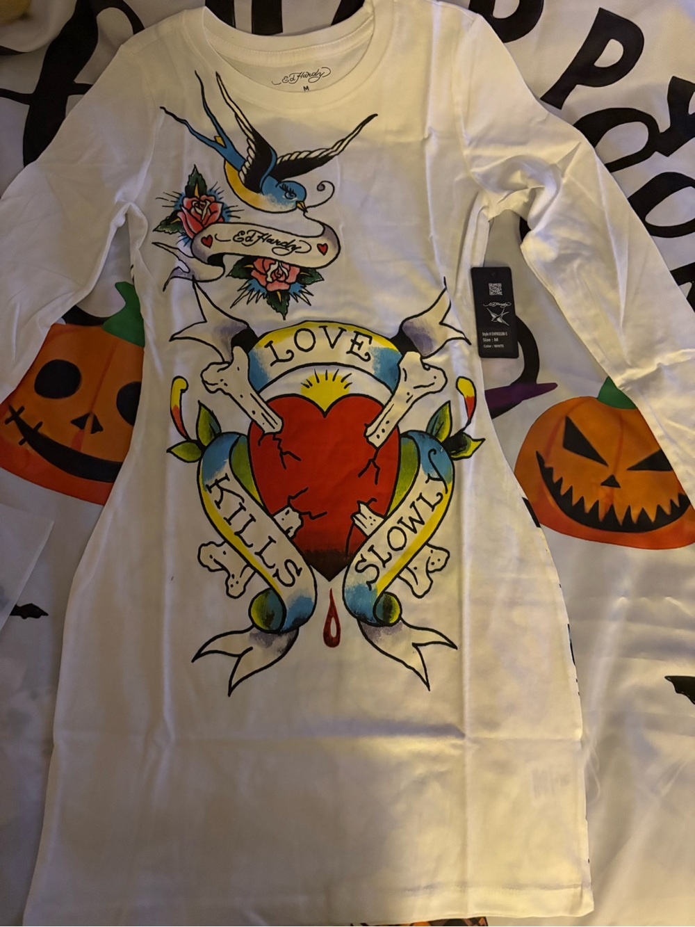Ed Hardy Women’s White Long-Sleeve Tattoo Graphic Mini Dress